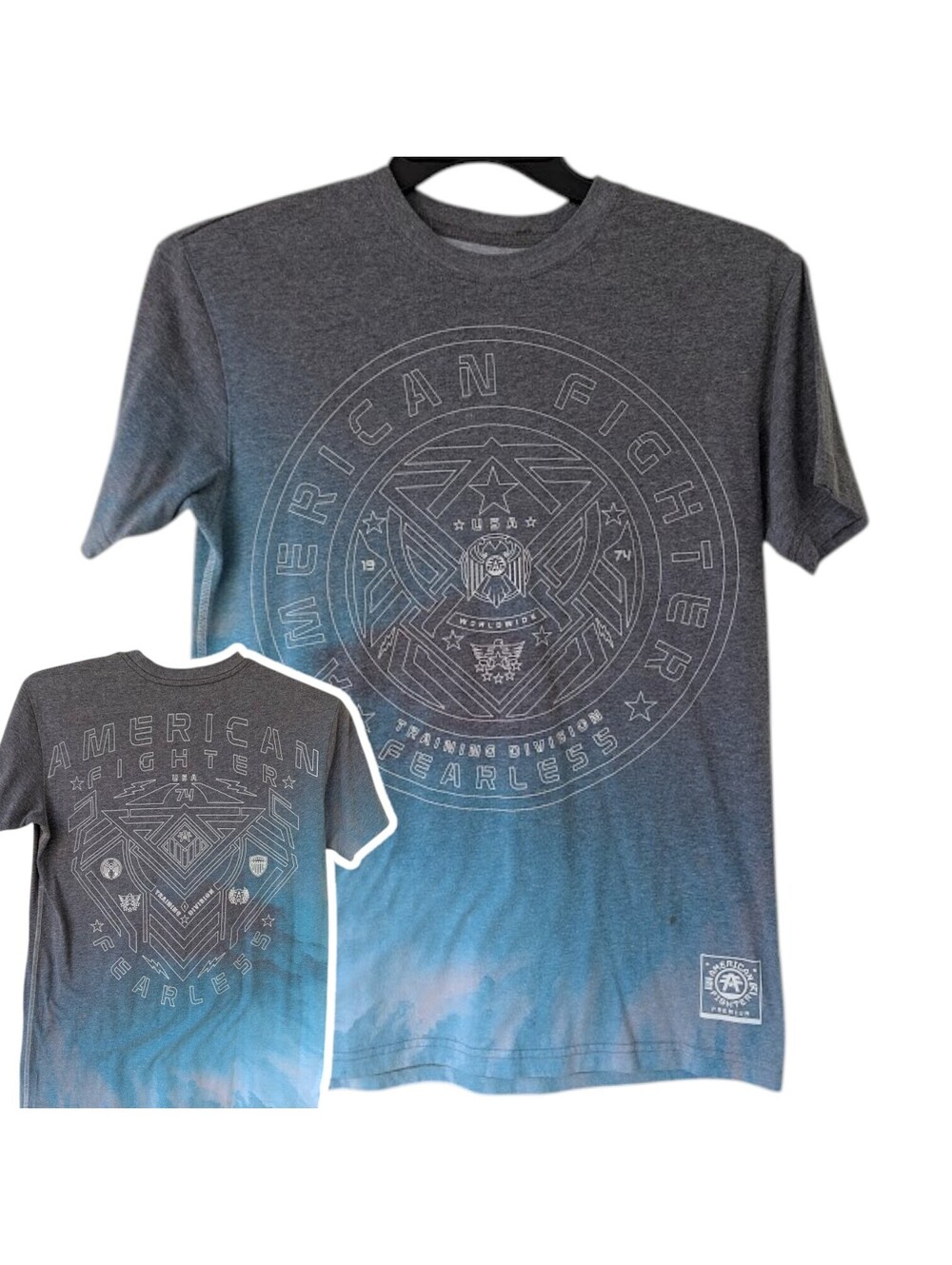 American Fighter Graphic T-Shirt Mens Small Gray Blue Buckle Exclusive 19x26.5
